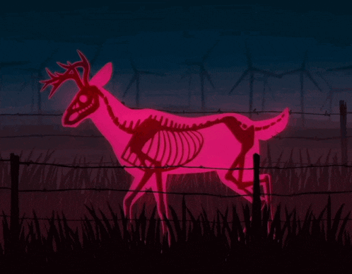 a pink skeleton of a deer is behind a barbed wire fence in a field