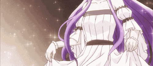 a girl with purple hair is wearing a white dress