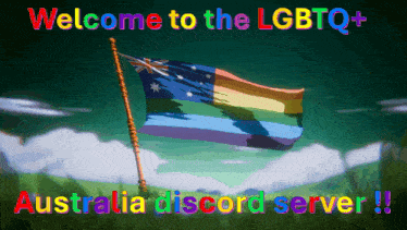 a rainbow flag with the words welcome to the lgbtq australia discord server