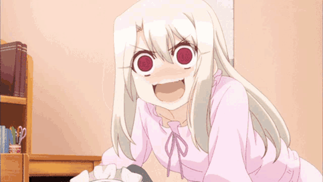 a girl with white hair is making a funny face with her mouth open
