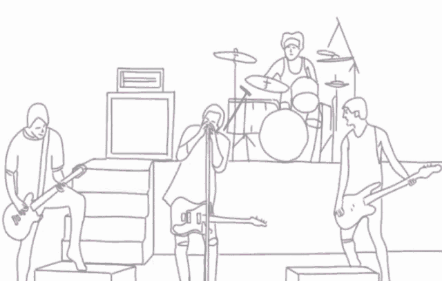a drawing of a band playing instruments on a stage