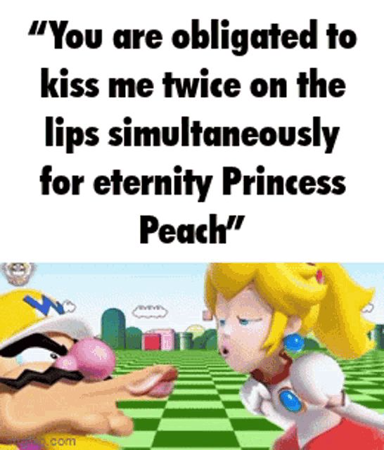 a cartoon of wario and princess peach kissing each other in a video game .