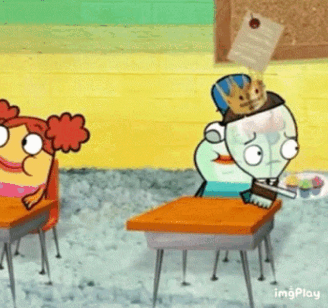 a cartoon character is sitting at a desk with a crown on his head