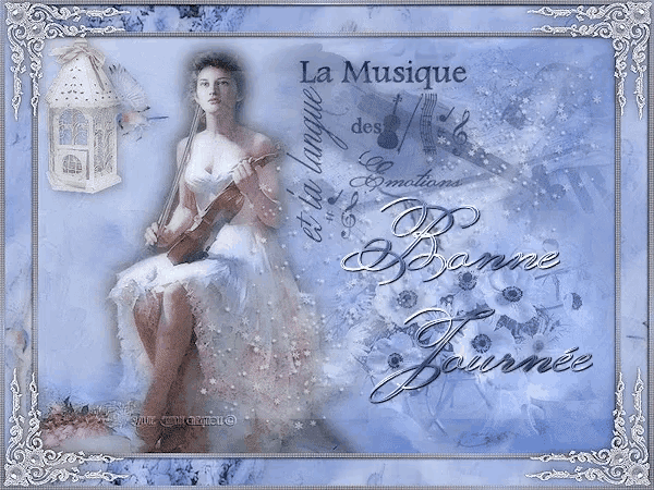a woman in a white dress is holding a violin on a blue background with the words la musique des emotions