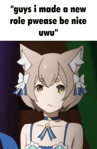 a picture of a cat girl with the words " guys i made a new role pwease be nice uwu " below it