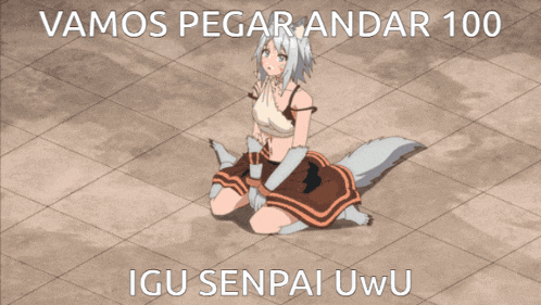 a picture of a girl with the words vamos pegar andar 100 igu senpai uwu on it