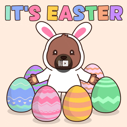a cartoon of a bear dressed as a bunny surrounded by easter eggs