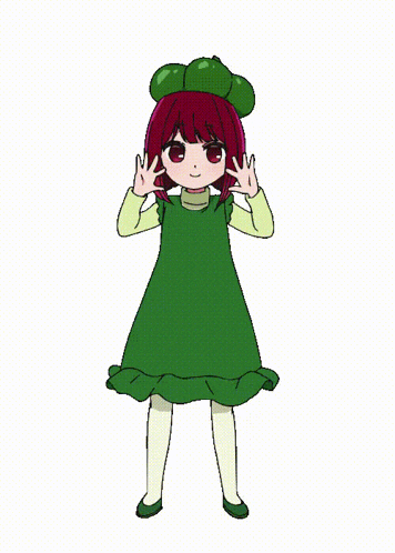 a girl with red hair is wearing a green dress and hat