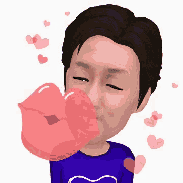 a man in a blue shirt is blowing a kiss with hearts around him .