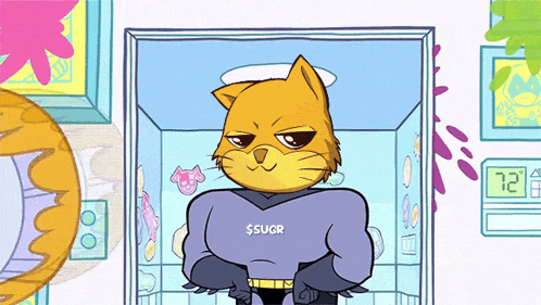 a cartoon cat is wearing a purple shirt that says $sugr