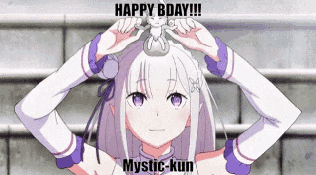 a girl with white hair and purple eyes is holding a figurine on her head with the caption happy bday !!! mystic-kun