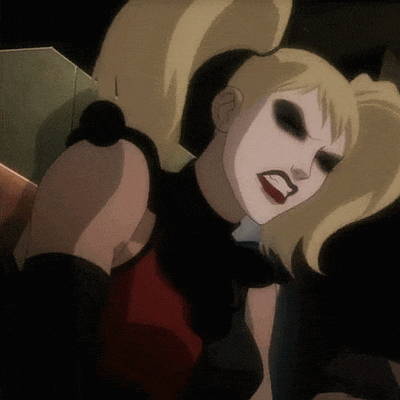 a harley quinn cartoon character with a very angry expression on her face