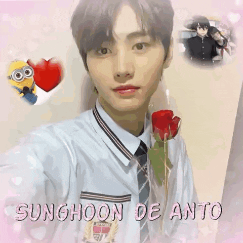 a picture of sunghoon de anto holding a bouquet of flowers .
