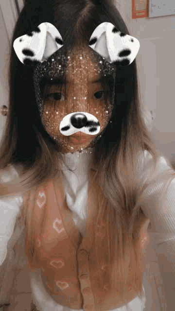 a girl wearing a dalmatian face mask takes a selfie