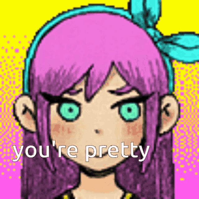 a pixel art drawing of a girl with purple hair and green eyes .