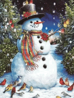 a snowman wearing a top hat and scarf is surrounded by birds in the snow