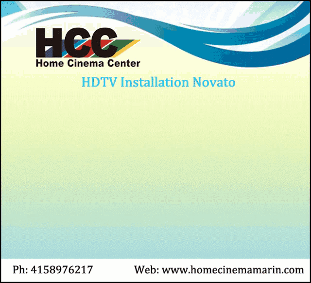 an advertisement for hcc home cinema center shows a living room with a flat screen tv mounted to the wall