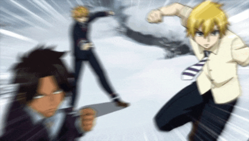 a blurry picture of three anime characters fighting