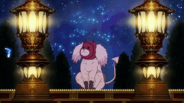 a cartoon drawing of a dog with horns sitting on a balcony