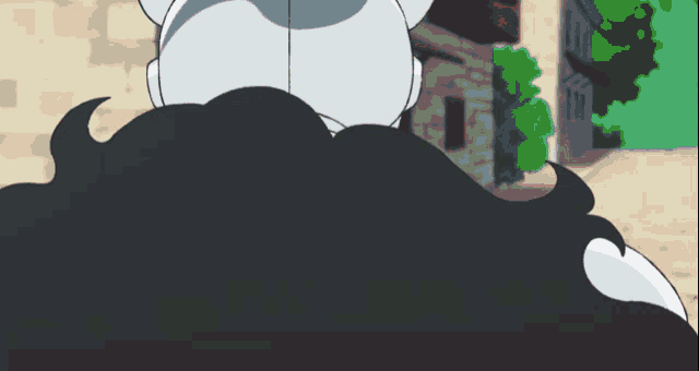 a close up of a cartoon character 's back with a brick wall in the background