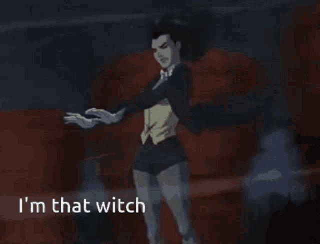 a cartoon character says i 'm that witch in a dark room