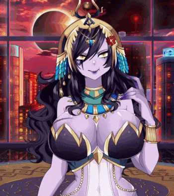a woman with purple hair and a crown on her head is standing in front of a window