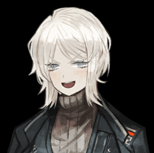 a girl with white hair is wearing a black jacket and a sweater