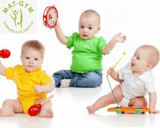 three babies are playing with toys in front of a mat-gym gymnasia olimpica logo