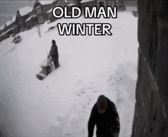 a man is shoveling snow with the words old man winter written above him
