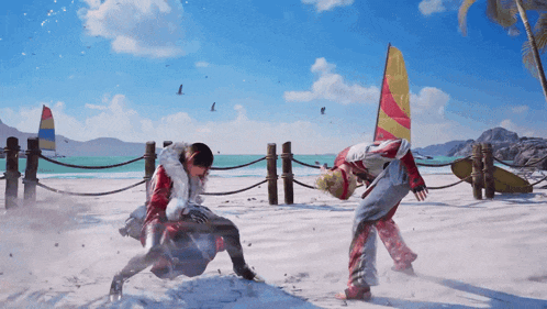 two men are fighting on a beach with a sailboat in the distance