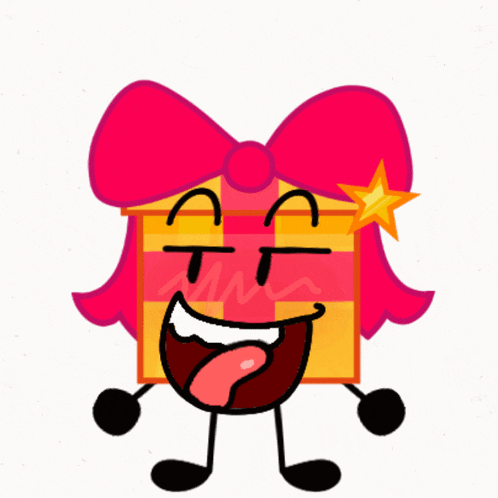 a cartoon drawing of a gift box with pink hair and a red bow