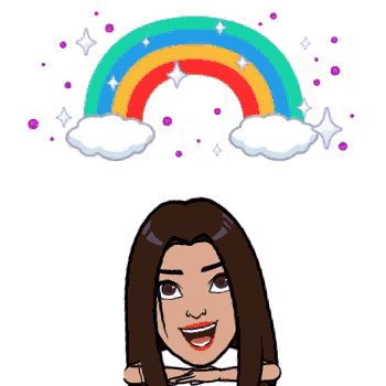 a cartoon girl with a rainbow and clouds above her head