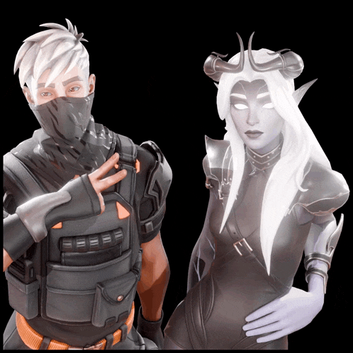 a man with a mask on his face stands next to a woman with horns