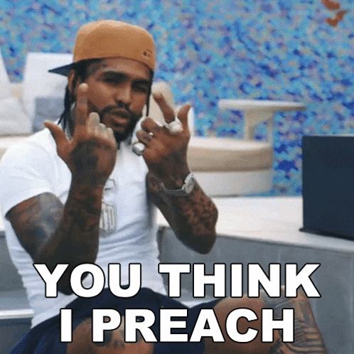 a man giving the middle finger and the words you think i preach