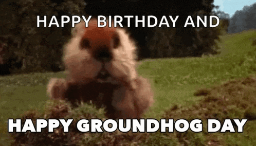 a squirrel is coming out of a hole in the ground and saying `` happy birthday and happy groundhog day '' .