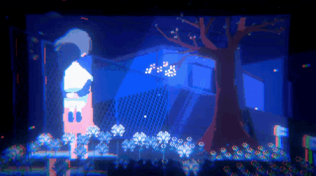 a pixel art drawing of a tree and a tower with the letter b on it