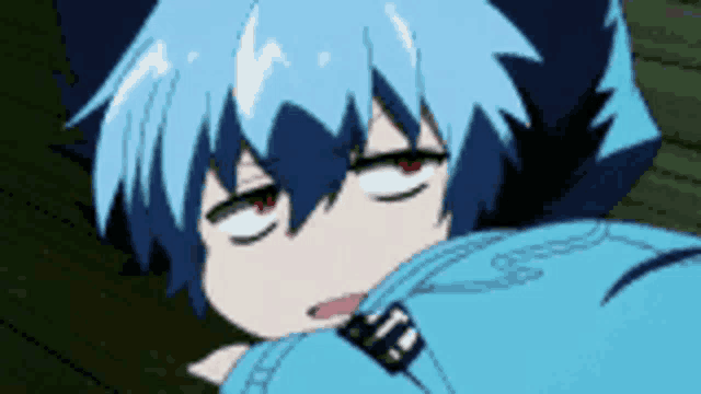 a cartoon character with blue hair and red eyes is laying down on the ground .
