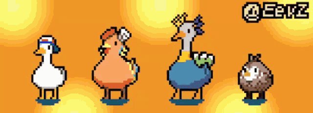 a pixel art of a duck a chicken a bird and a rabbit with the hashtag @eenz