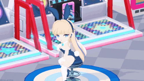 a girl in a bunny outfit sits on a chair