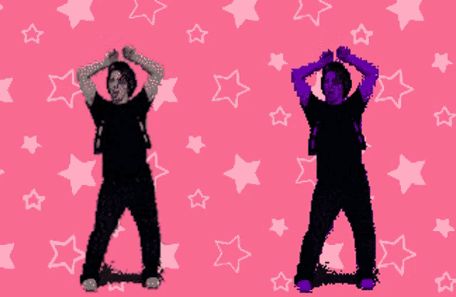 a pixel art of a person dancing on a pink background