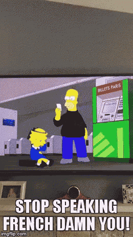 a cartoon of homer simpson talking to marge simpson with the words stop speaking french damn you