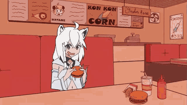 a cartoon of a girl eating a hamburger in a diner