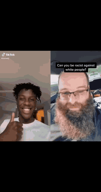 a man with a beard is giving a thumbs up next to a man with glasses