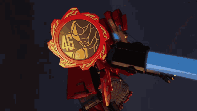 a red robot is flying through the air with a blue object in the background