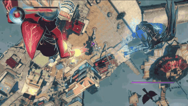 an aerial view of a video game with a purple arrow pointing to a purple target