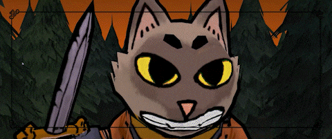 a cartoon cat is holding a sword in front of trees