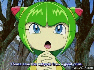a cartoon character says please save this universe from a great crisis .