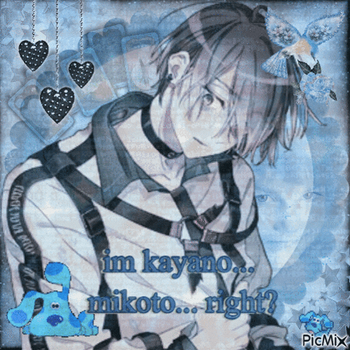a picture of a boy with the words i 'm kayano mikoto right on it