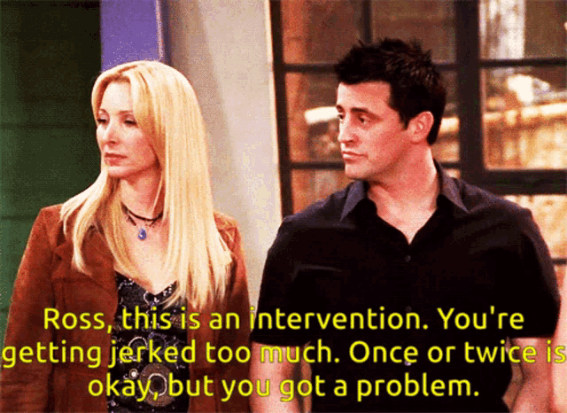 a man and a woman standing next to each other with a caption that says ross this is an intervention you 're