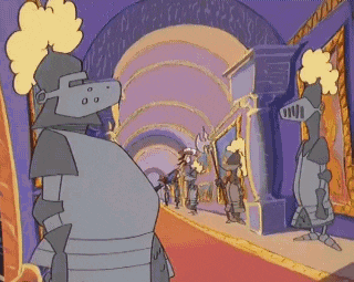 a cartoon of a group of knights standing in a hallway .
